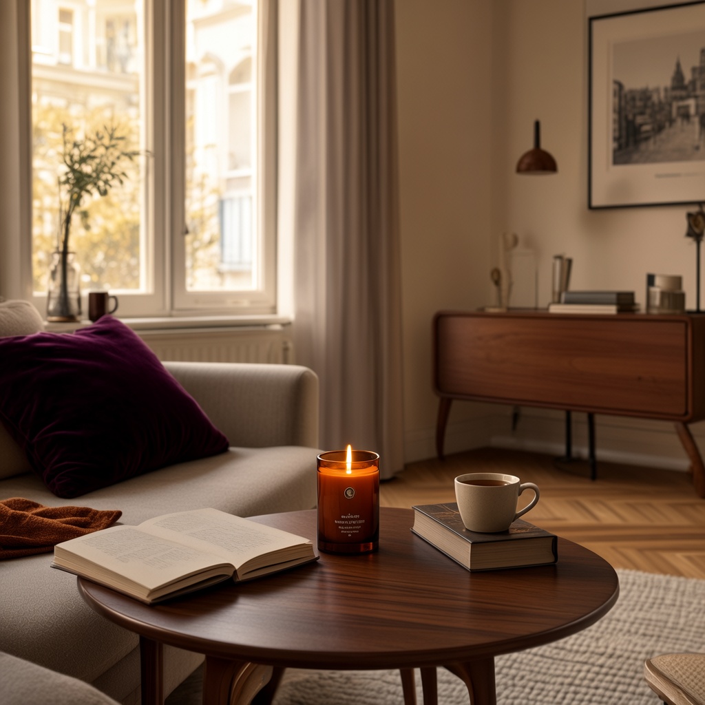 Warm Viennese apartment with candle on side table